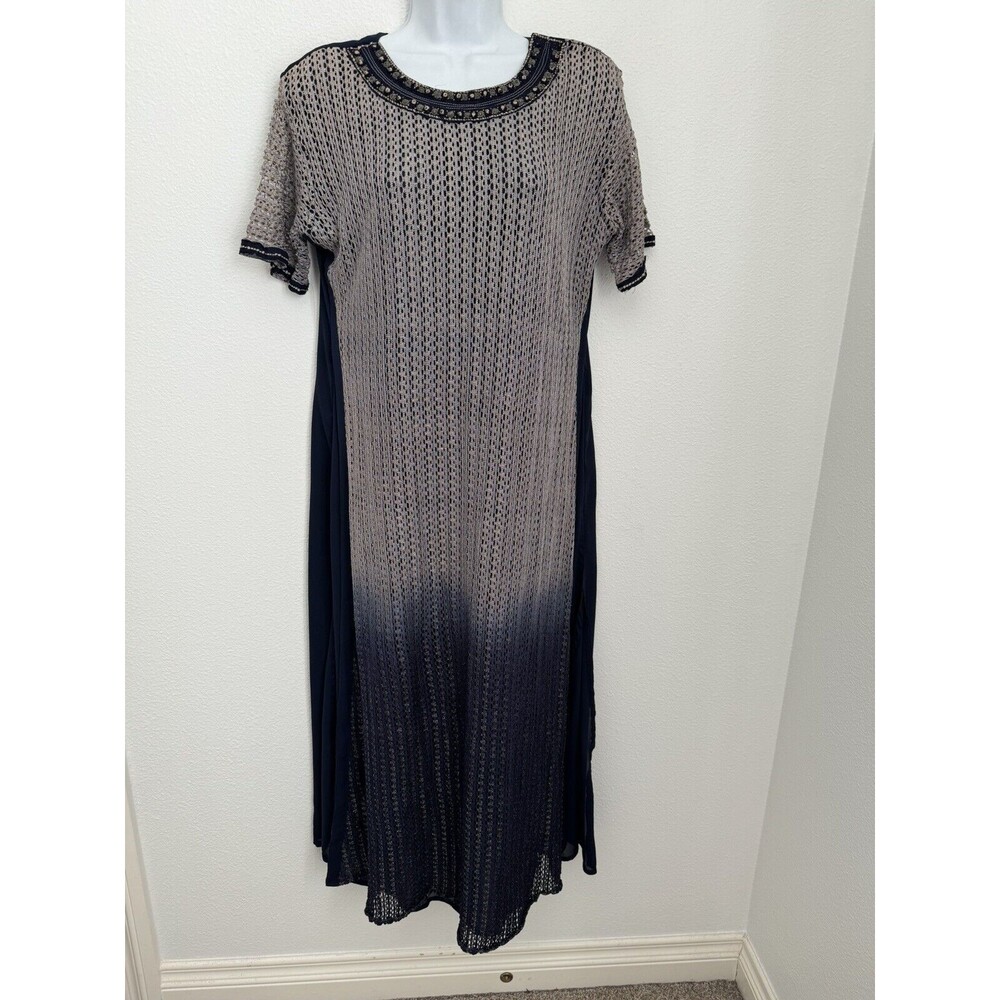 Joban Maxi Dress Bollywood Column Navy Blue Beaded Lightweight Mesh Overlay M